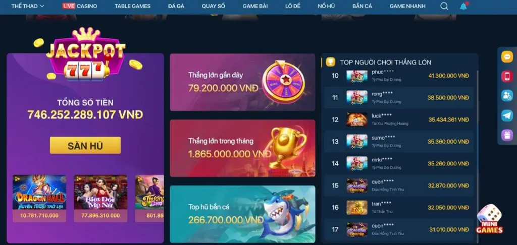 Màn hình Nổ Hũ - Slot Games với các biểu tượng may mắn và số tiền Jackpot khổng lồ